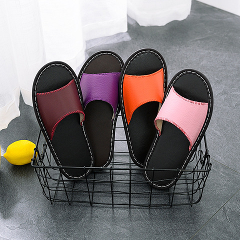 EOEODOIT Home Floor Slippers Open Toe Summer Leather Flat Heel Anti Skid Men Women Lovers Family Bedroom Carpet House Shoes ► Photo 1/6