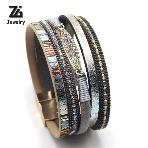 ZG Fashion Women Leather Bracelet Rhinestone Bar Charm Bohemian Leather Female Bracelets in 7 Colors ► Photo 1/6