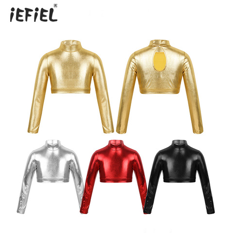 Long Sleeves Glossy Shiny Metallic Crop Top Kids Girls Rave Outfits T-Shirts Mock Neck Short Crop Tops Workout Stage Performance ► Photo 1/6