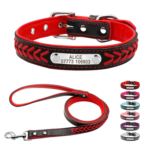 Leather Dog Collar Braided Persoanzled ID tag Collars Nameplate Customized Pet Collar Leather Pet Walking Leash Leads ► Photo 1/6