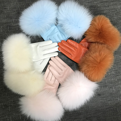 Real Sheepskin Fox Fur Gloves Women's Genuine Leather Glove Winter Warm Fashion Style Natural Fluffy Fox Fur Oversized Customize ► Photo 1/6