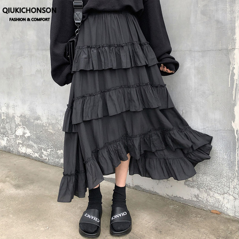 Qiukichonson Midi Long Skirts Womens Maxi Skirt Goth Lolita Summer High Waisted Asymmetrical High Low Ruched Ruffle Skirts rok ► Photo 1/6