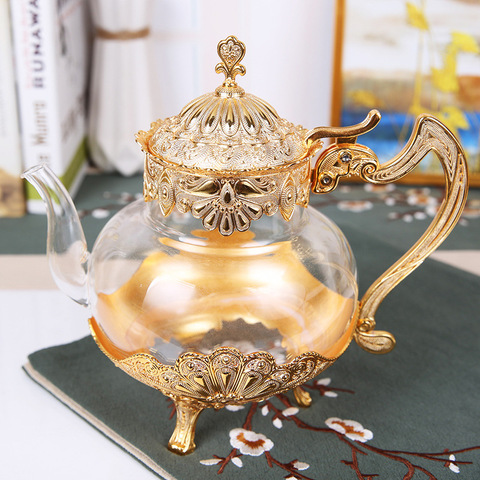 Palace Golden Glass Teapot Kitchen Metal Cold Kettle Coffee Pot European Style Home Decoration Glassware Birthday Wedding Gifts ► Photo 1/6