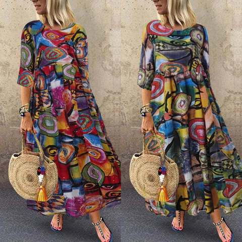 2022 Autumn Summer Dress Women Vintage Vestidos ZANZEA 2022 Pleated Printed Long Maxi Dresses Tunic Plus Size Femme 3/4 Sleeve ► Photo 1/5