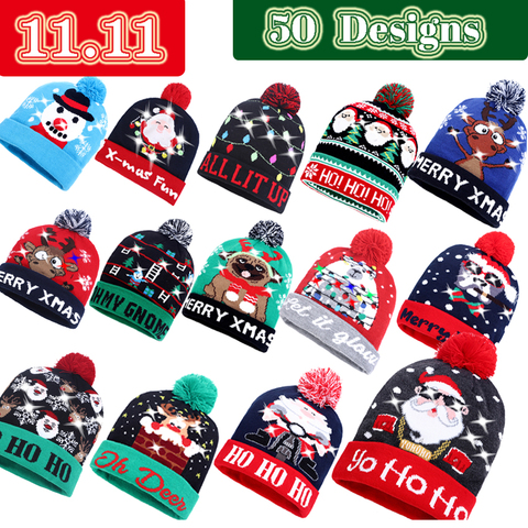 2022 NEW 50 Designs LED Christmas Hats Beanie New Year Knitted Illuminate Warm Hat Christmas Tree Snowman Kids Adults Hat ► Photo 1/6