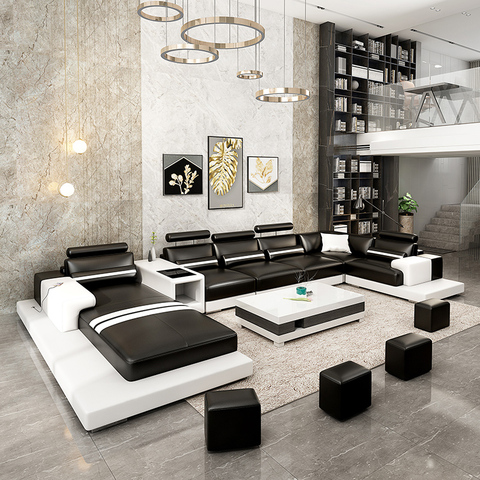 Modern minimalist head-floor cowhide villa size family U-shaped creative fashion feature leather sofa ► Photo 1/5