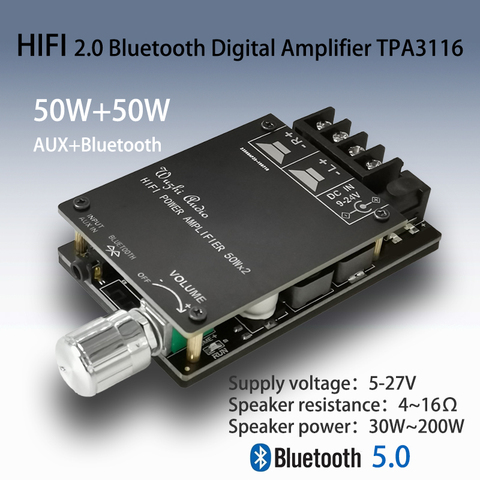 TPA3116 Bluetooth 5.0 HIFI Stereo Digital Power Audio Amplifier board 50W+50W Stereo AMP AUX with Adjust Volume for dc 12v 24v ► Photo 1/5