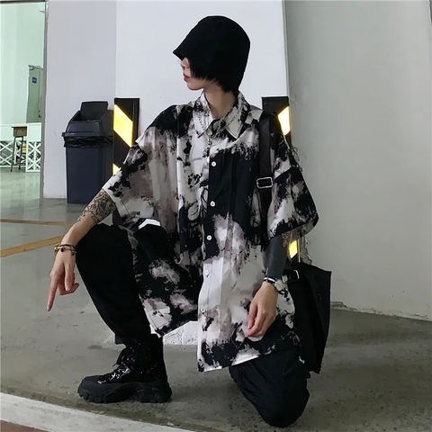 Harajuku Punk Gothic Black Blouse Top New Women Tie Dye Korean Oversize Shirts Vintage Loose Casual Streetwear Clothes 2022 Tee ► Photo 1/5