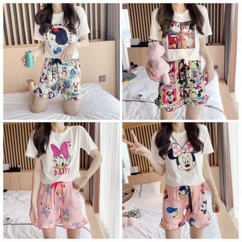 Disney Women Summer Pajamas Set Cute Mickey Minnie Print Short Sleeve Sleepwear Thin Soft  Leisure  Girl Nightgown Home Clothing ► Photo 1/6