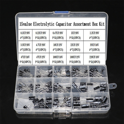 15 Values 0.1uF-220uF Mix Electrolytic Capacitor Assortment Kit with Storage Box 16V/25V/50V Capacitors ► Photo 1/4