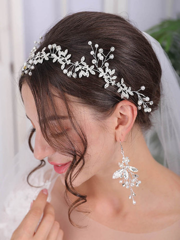 Wedding Leaf Silver Rose Gold Hair Vine Bridal Headpiece Headband Pearl Crystal Vine Wedding Ribbon Headband for Women and Girls ► Photo 1/6