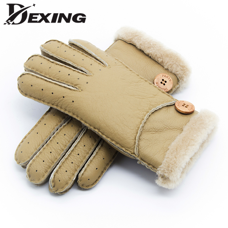 Men Winter Leather Gloves Warm Genuine Lambskin Fur Mittens Thermal Fur Cashmere 