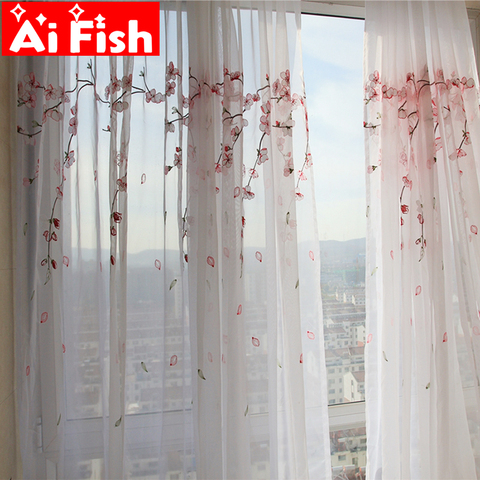 Pink plum blossom  semi-sun shade balcony partition decorative window screen tulle embroidery curtains for living room MY045#50 ► Photo 1/6