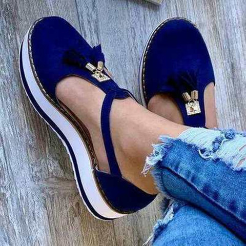 KAMUCC New Women Summer Sandals Fashion Buckle Strap Solid Fringe Cover Heel Flat Platform Heel Casual Ladies Plus Size Sandals ► Photo 1/6