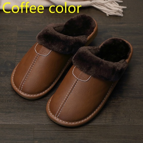 FONGIMIC Men Slippers New Winter PU Leather Slippers Warm Indoor Slipper Waterproof Home House Shoes Men Warm Leather Slippers ► Photo 1/6