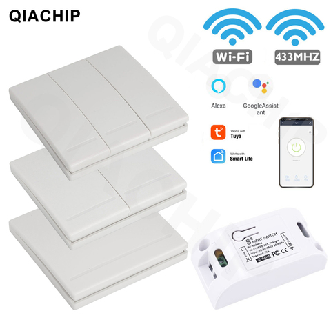 QIACHIP RF WIFI Wireless 10A IOS Android 2200W AC 90-250V Smart Home Light Switch Module + 86 Wall Panel Wireless Transmitter ► Photo 1/6
