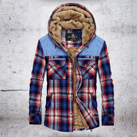 Winter Shirts Men Fleece Thick Warm Hooded Casual Shirts Plaid