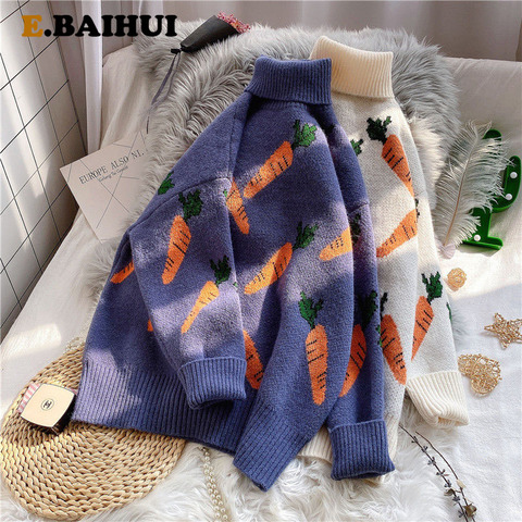 EBAIHUI Knitted Sweater Women Carrot Pattern Long Sleeve Pullover Loose High-necked Blue Yellow Sweater Autumn Winter 2022 ► Photo 1/6
