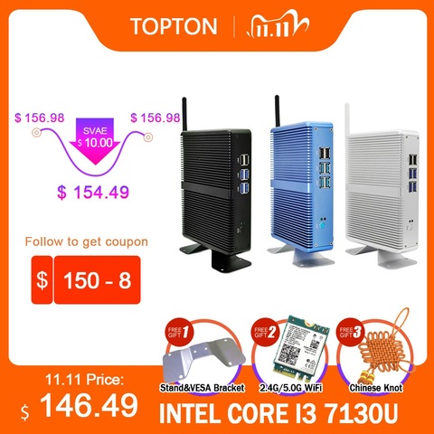 Topton Cheap Fanless Mini PC Windows 10 Pro Intel i5 7200U i3 7100U i7 4500U DDR4/DDR3 Barebone Computer 4K HTPC WiFi HDMI VGA ► Photo 1/6