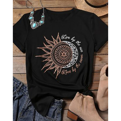 2022 women casual fashion t-shirt letter sun moon print loose o-neck short sleeve elastic stretched tshirt summer tops new ► Photo 1/4