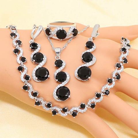 XUTAAYI  Silver Wedding Jewelry Sets For Women Flower Shape Black Zircon Bracelet Earrings Necklace Pendant Ring Gift Box ► Photo 1/6