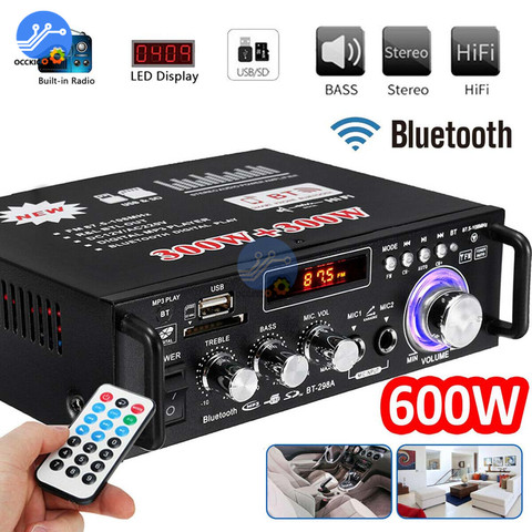 600W Bluetooth Amplifier 300W+300W 2CH HIFI Audio Stereo Power AMP USB FM Radio Car Home Theater with Remote Control ► Photo 1/6