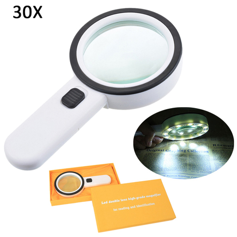 Handheld Magnifier 30X Illuminated Magnifying Glass with 12LED Light Reading Magnifying Glass High Magnification Eye Loupe ► Photo 1/6