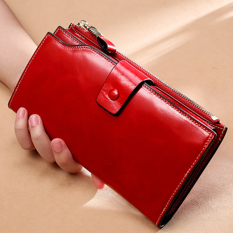 RFID Blocking Genuine Leather Women Wallet Long Lady Leather Purse Brand Design Luxury Oil Wax Leather Female Wallet Coin Purse ► Photo 1/6