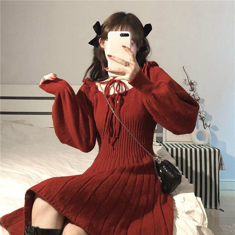 Sweet Knitted Dress Women Winter Elegant Kawaii Mini Dress Female Japanese Style Korean Party Dress Christmas Clothes Women 2022 ► Photo 1/6