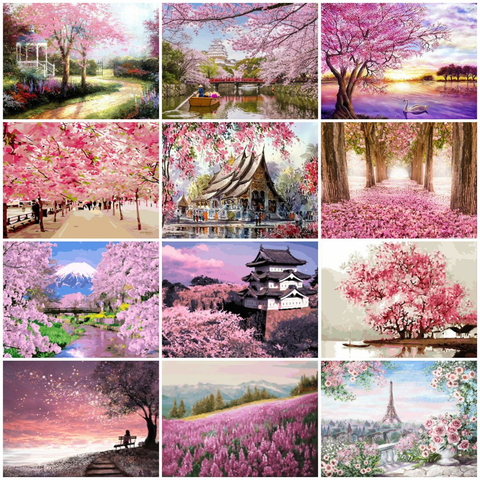 HUACAN 5D Diamond Painting Landscape Diamond Embroidery Cherry Blossom Mosaic Tree Wall Art Home Decoration ► Photo 1/6