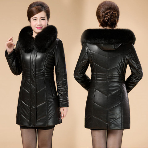 2022 Middle aged Women's Leather Jacket Winter New Thicken Warm Slim Big Fur Collar Mid-length Leather Coat Female Outerwear 6XL ► Photo 1/6
