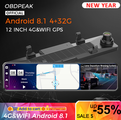 Android 8.1 4G+32G 4G 12 Inch Car Rearview Mirror Stream Media GPS Navi Dash Cam Dual 1080P Camera Car Dvr ADAS Super Night ► Photo 1/6