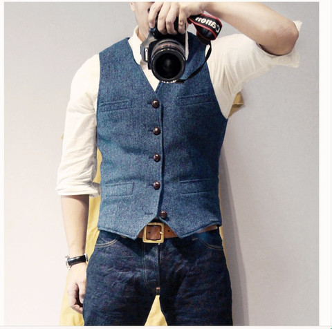 OLOMLB Chic Mens Vest Denim Jeans Color Woolen Blended Business Casual Slim Formal Waistcoat Single Breasted Oversize S-6XL A227 ► Photo 1/6