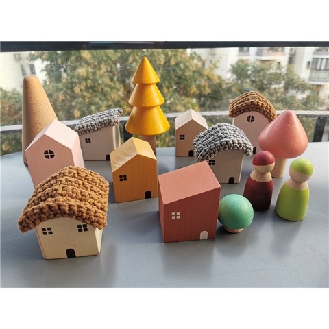 Kids Wooden Toy Color Nordic Buiding House Stacking Crochet House Blocks Hedgechog Unpaint Wooden Trees  Montessori Toy ► Photo 1/6