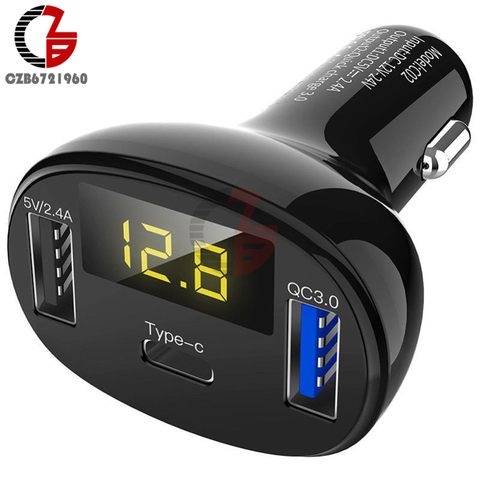 Type-C USB C QC3.0 QC2.0 Fast Quick Car Charger Voltmeter Battery Capacity Indicator 5V 12V 24V 2.4A 32W Voltage Meter for Phone ► Photo 1/6