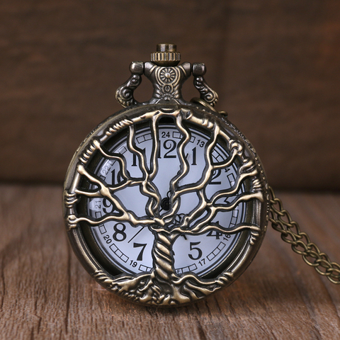 Steampunk Retro Bronze Hollow Tree of Life Quartz Pocket Watch With Fob Chain Women Watch Pendant Necklace Chain Men Gift CF1088 ► Photo 1/5