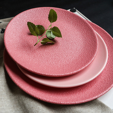 Macaron Dinner Plate Steak Plate Pink Ceramic Dim Sum Creative Tableware Dim Sum Plate Japanese-style Korean Rough Noodle Plate ► Photo 1/5