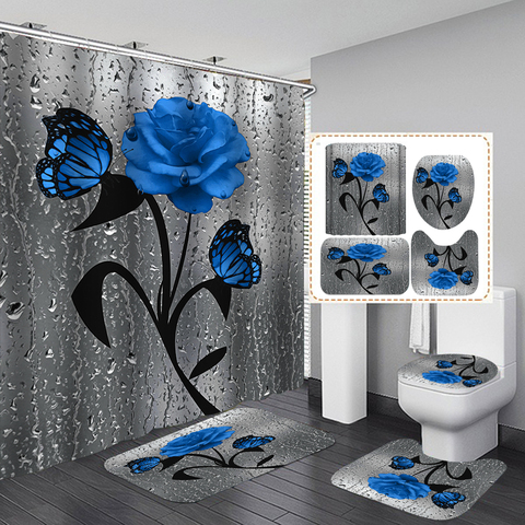 3D Butterfly Flower Fabric Waterproof Shower Curtain Bathroom Curtains Set Blue Rose Non-Slip Rug Toilet Lid Cover and Bath Mat ► Photo 1/6