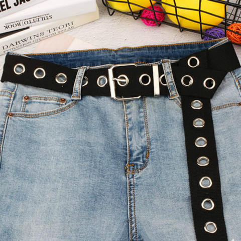 Long Personality Harajuku Casual Ring Black Metal Belt Students Jean Canvas Waist Belts Tide Silver Pin Buckle ► Photo 1/6