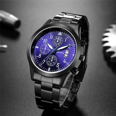 Geneva Watches Men Luxury Men Watches Black Stainless Steel Blue Face Quartz Watch Men Sports Watches reloj hombre horloge heren ► Photo 1/6