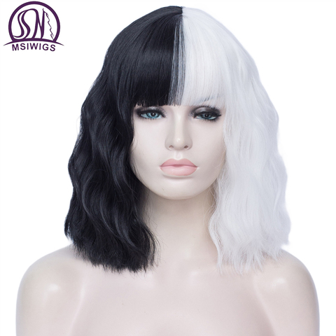 MSIWIGS Women's Black and White Wig Short Curly Synthetic Cosplay False Anime Wigs Ombre Two Tone Pink Blue Red Pueple 20 Colors ► Photo 1/6