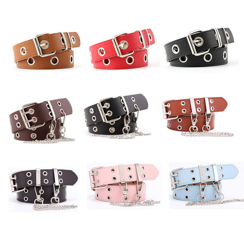 Women Punk Chain Leather Belt Adjustable Double/Single Row Hole Pin Buckle Waist Belts Jeans Cinturones Decorative Belt ► Photo 1/6