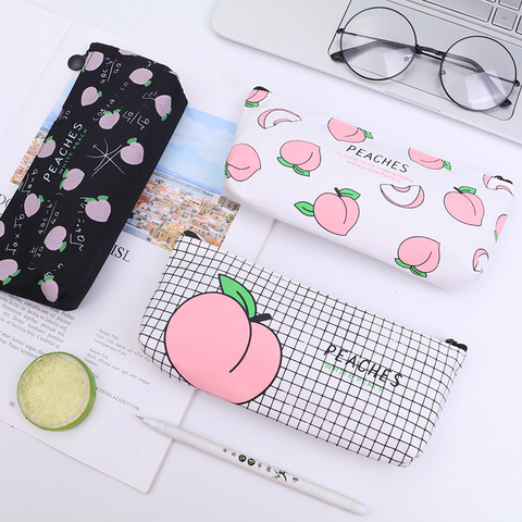 1 Pieces Kawaii Peach Pen Pencil Case Bag Canvas School Stationary Receive Black Tools Makeup Pouch Cosmetics Case ► Photo 1/6