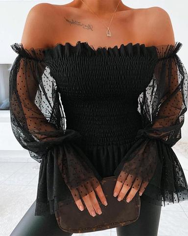 wsevypo New Sexy Off Shoulder Blouse Women Mesh Flare Sleeve Shirts Summer Fashion Sheer Long Sleeve Lace Frill Blouser Tops ► Photo 1/6