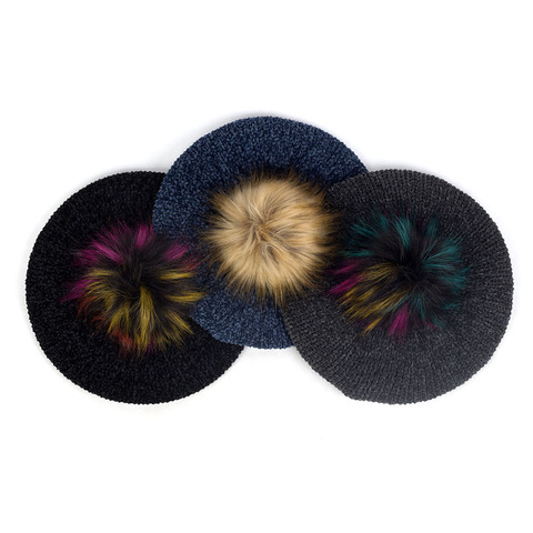 Female Knitted Berets With Faux Fur Pom Pom Elegant Women Fashion Winter Warm Hats Girl Bonnet Caps Plain Hat Beret ► Photo 1/6