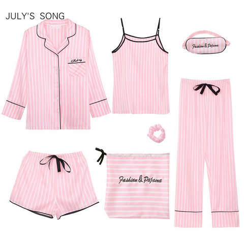 JULY'S SONG Pink Women's 7 Pieces Pajamas Sets Faux Silk Striped Pyjama Women Sleepwear Sets Spring Summer Autumn Homewear ► Photo 1/6