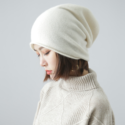 Women 30% Cashmere Thin Caps Simple Solid Rolled Hem Hat Blends Soft Yarn Knit Hat Beanies Wool Winter Spring Warm Caps Skullies ► Photo 1/6