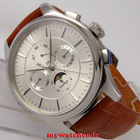 43mm Parnis white dial  Power Reserve Indiactor 316L stainless steel watch case brown leather strap automatic men's watch ► Photo 1/4