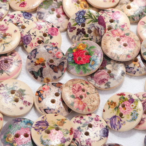 50 Pcs/pack 20mm Retro Round Wood Mixed Two Holes Buttons Flower Printed Pattern Button Sewing DIY Craft Decor ► Photo 1/6