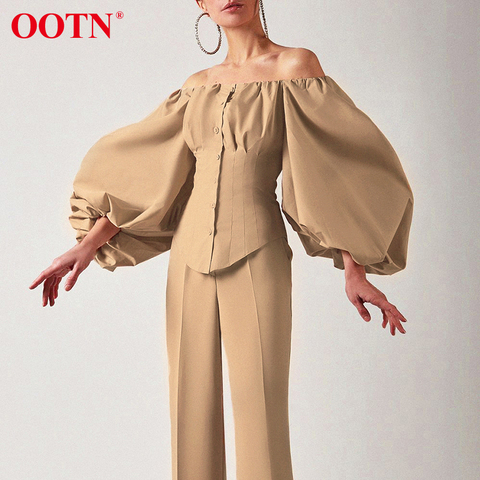 OOTN Sexy Slim Off Shoulder Women Shirt Blouses Lantern Sleeve Tunic Female Top Laides Shirt Pleated Elegant White Blouse Button ► Photo 1/6